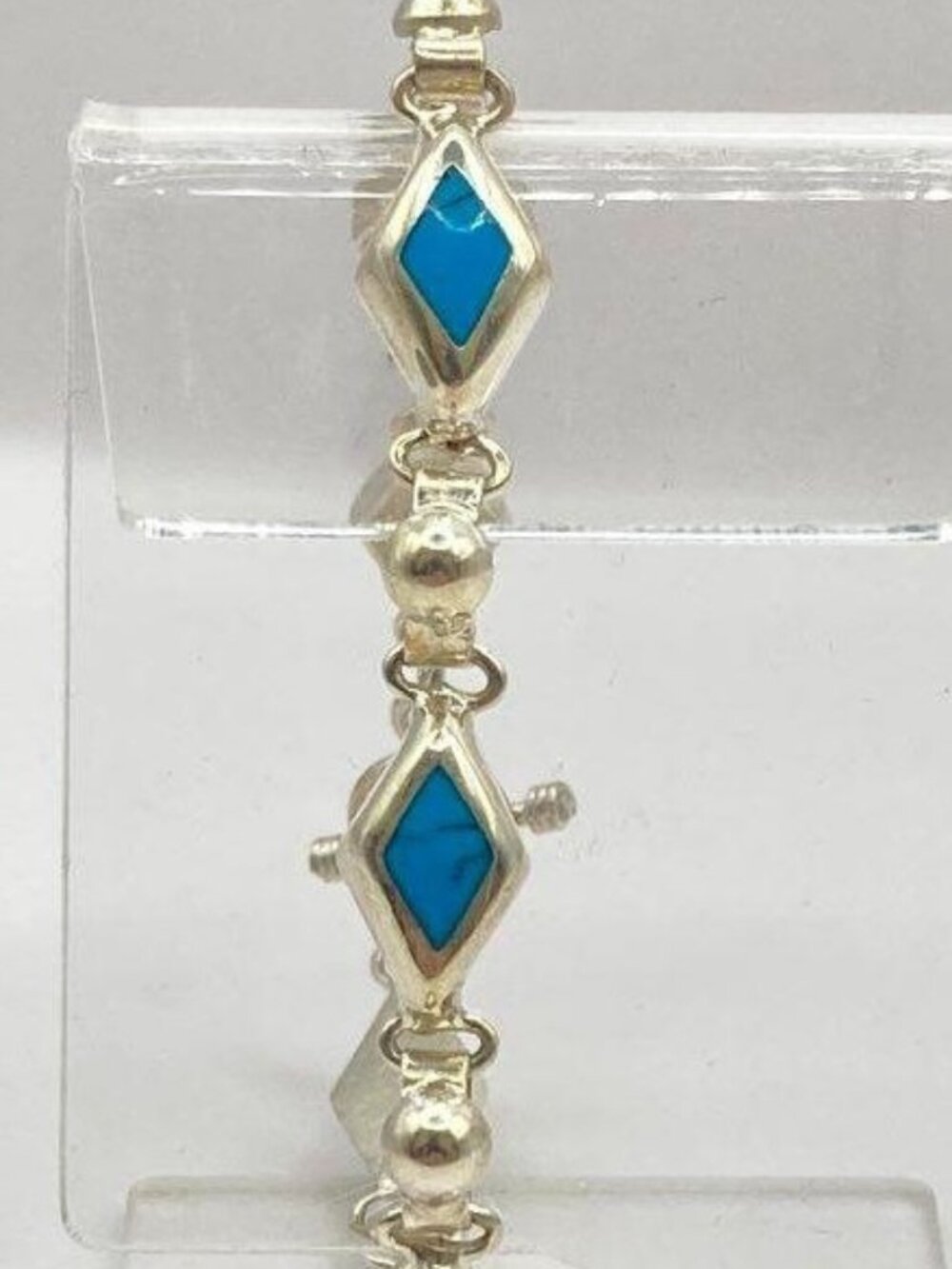 MEXICO 925 STERLING SILVER DIAMOND-SHAPED TURQUOISE INLAY LINKED BRACELET